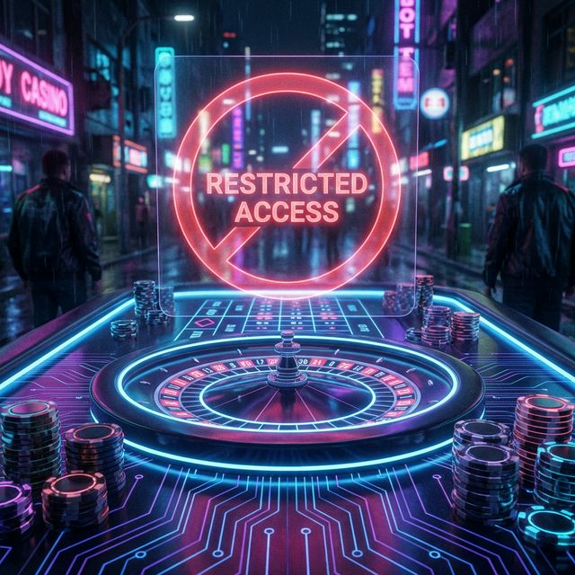 A glowing red warning symbol overlaid on a roulette table and casino chips