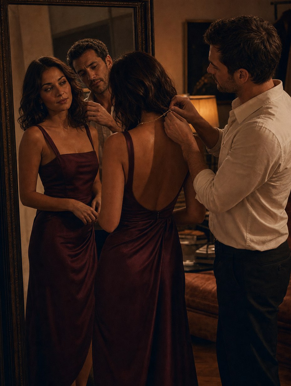 Miles fastens Clara's gold necklace while she watches him in the mirror.