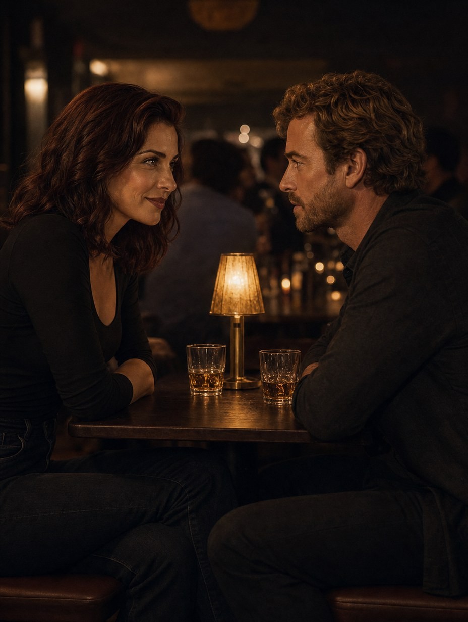 Lena and Adrian face each other across a narrow bar table under low amber light.