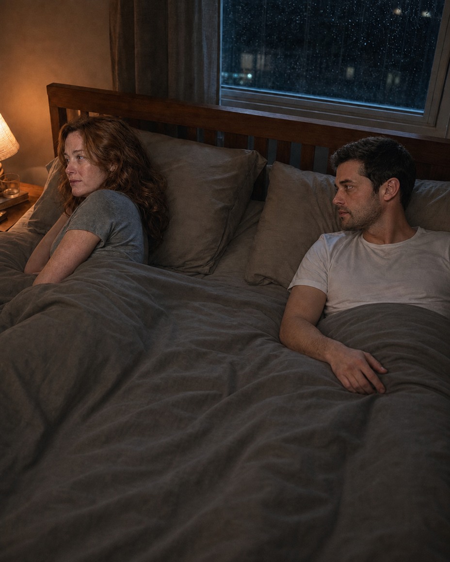 Lydia looks back from one side of Daniel's bed while he watches the distance between them.