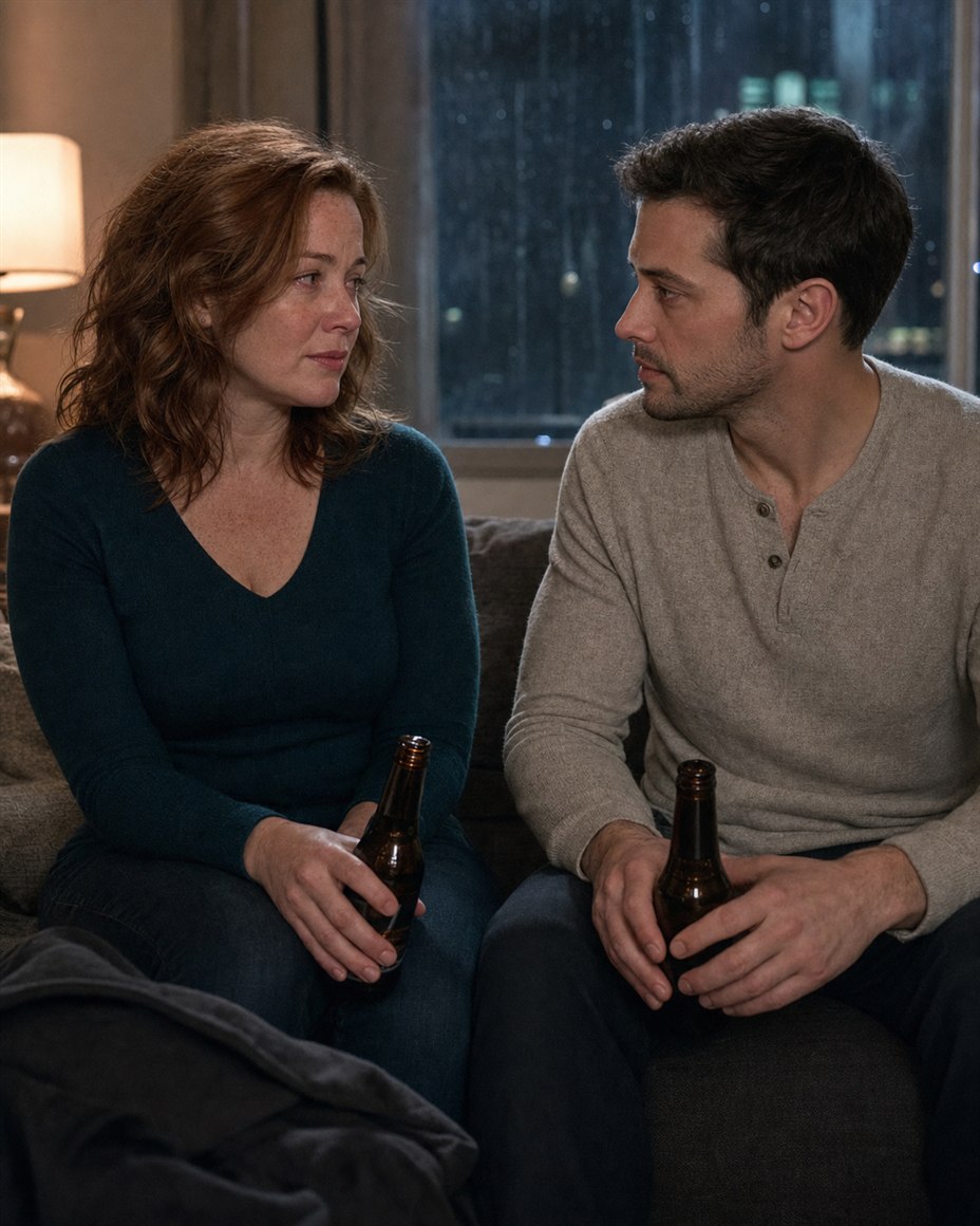 Lydia and Daniel sit with beers on his apartment sofa while rain marks the window behind them.