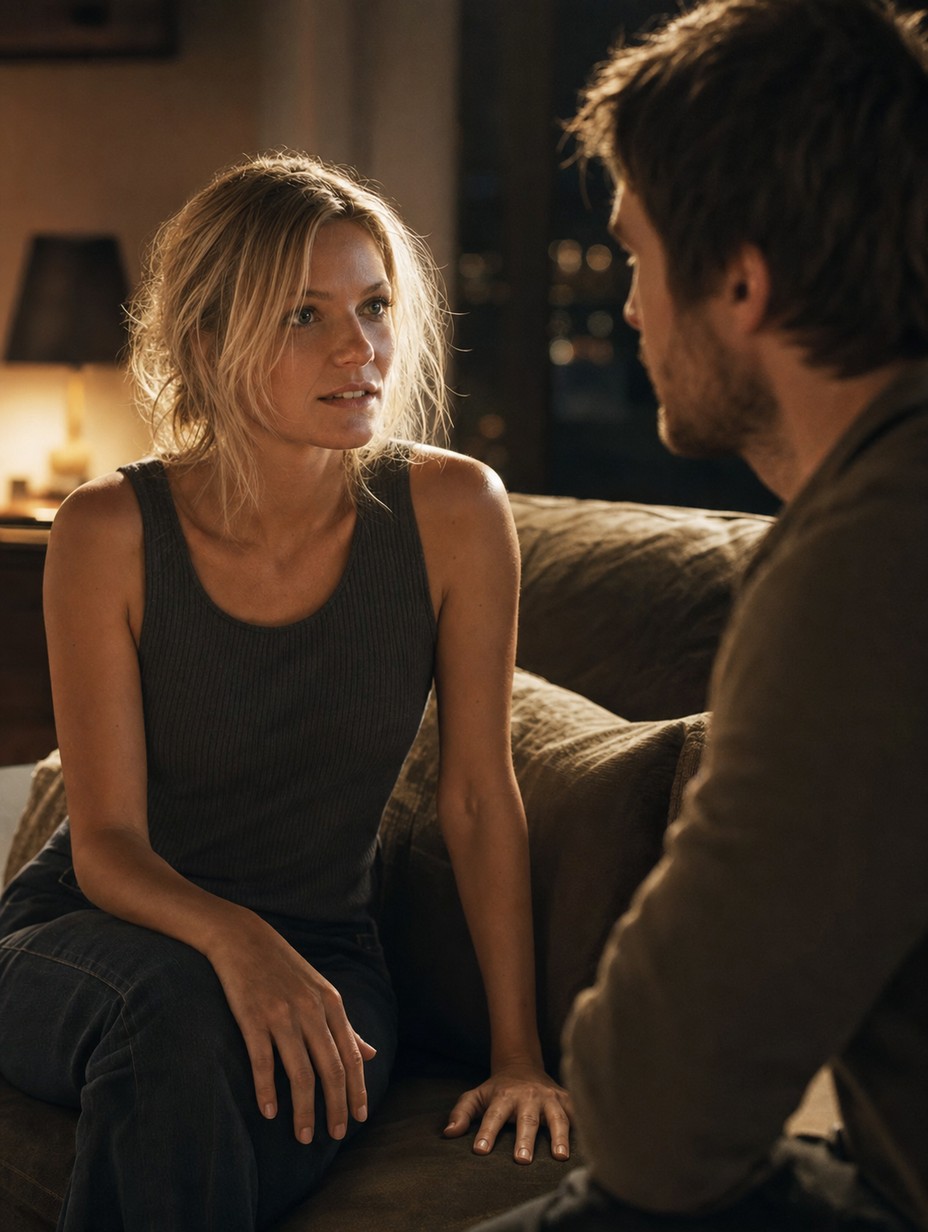 Natalie looks steadily toward Zac in the quiet of his apartment.