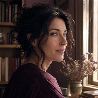 Romy Venn in a warm, partial side profile beside a window.