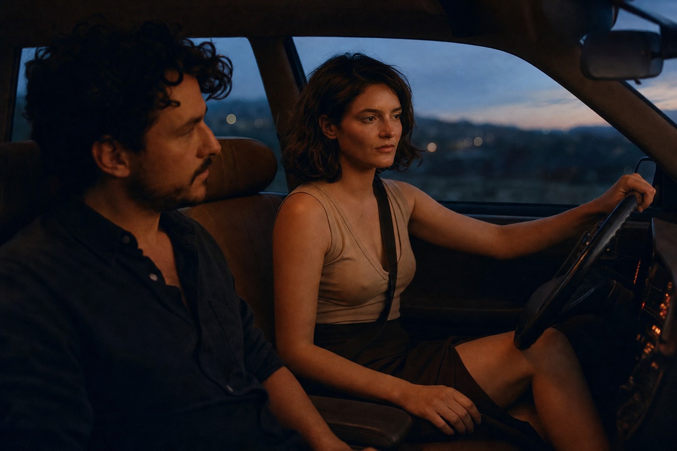 At dusk inside a car, Celia drives while Julian sits beside her in shadow.