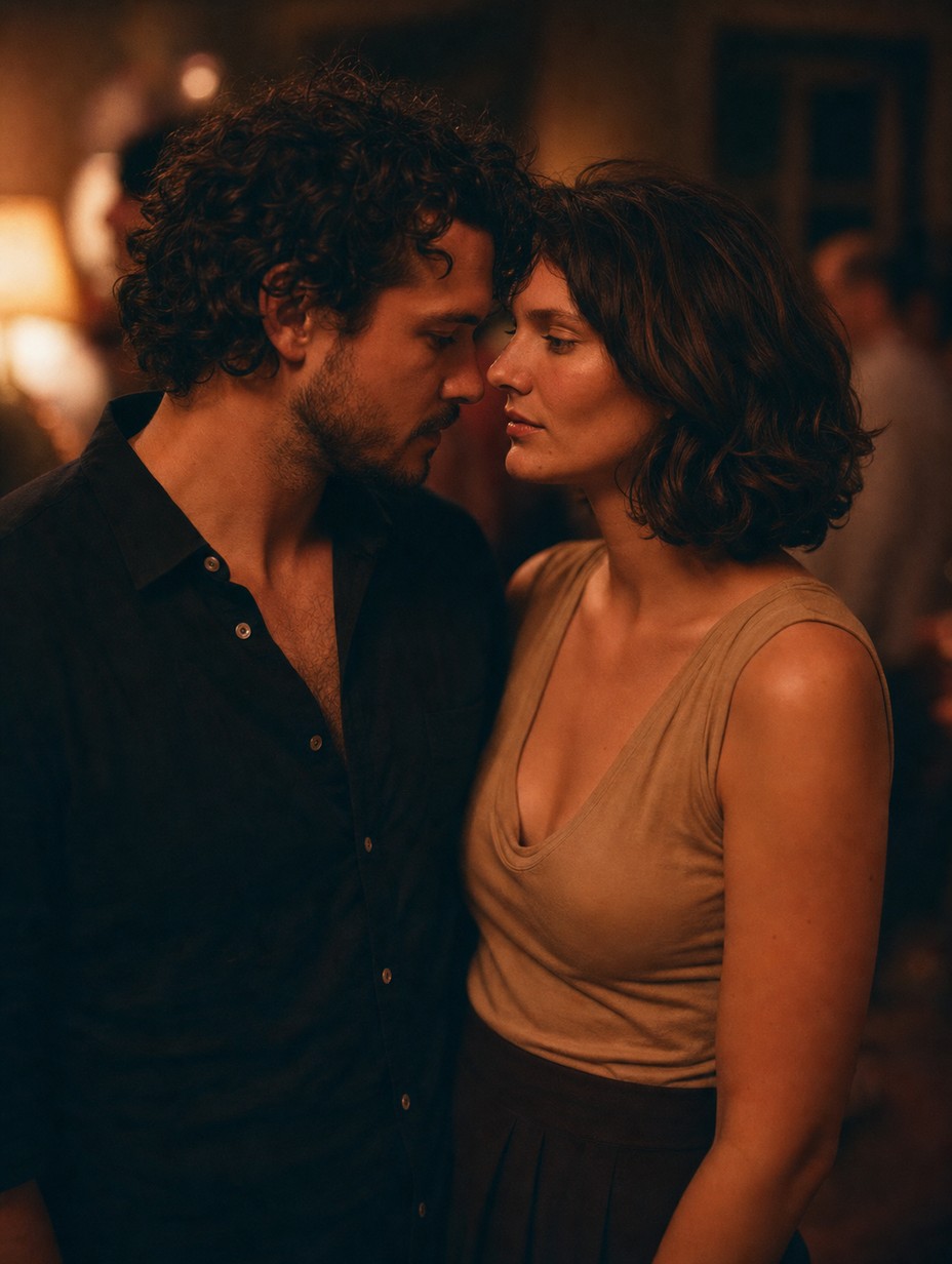 An imagined moment of Celia and Julian leaning close at an evening gathering.