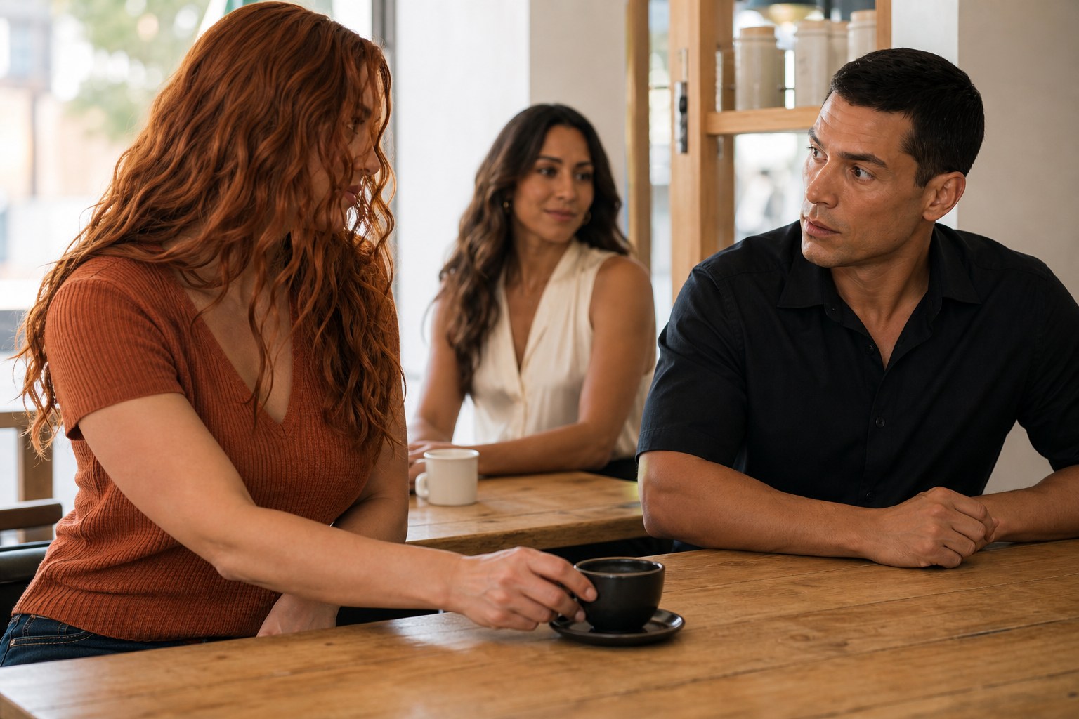 In a bright coffee shop, Celia moves Julian's black coffee toward him while Maya sits in the background.