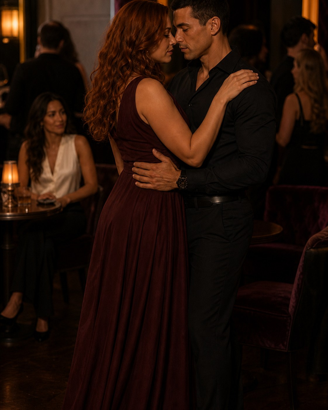 Celia and Julian slow-dance closely at the club while Maya rests at a table behind them.