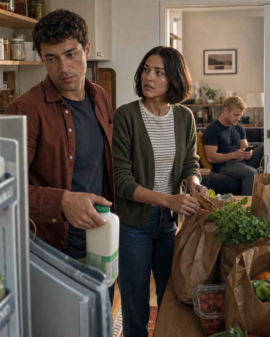 Rachel asks Lewis about Matt while they unpack groceries and Matt smiles at his phone in the adjoining room.