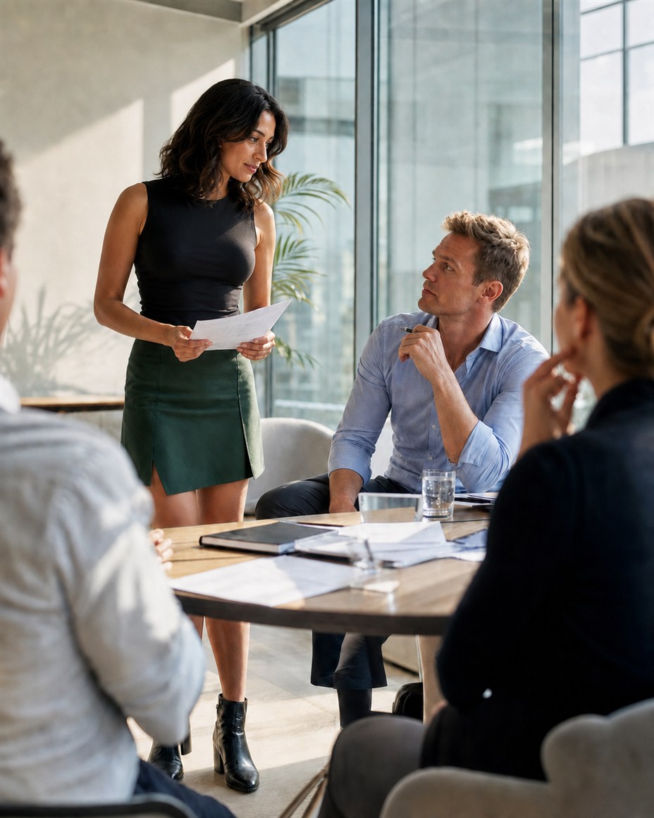 During an ordinary team meeting, Mina looks down into Theo's eyes while he watches her from his chair.
